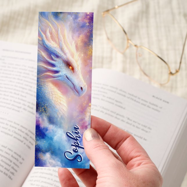 Cosmic White Dragon Fantasy Art Personalized Bookmarks (Hand)