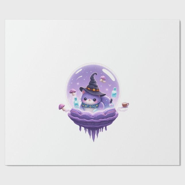 Cosmic Witch Cat Crystal Ball Kawaii Gift Wrapping Paper (Flat)