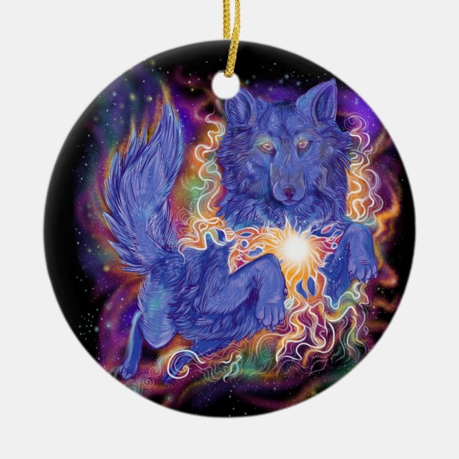 Cosmic Wolf Ceramic Ornament (Front)