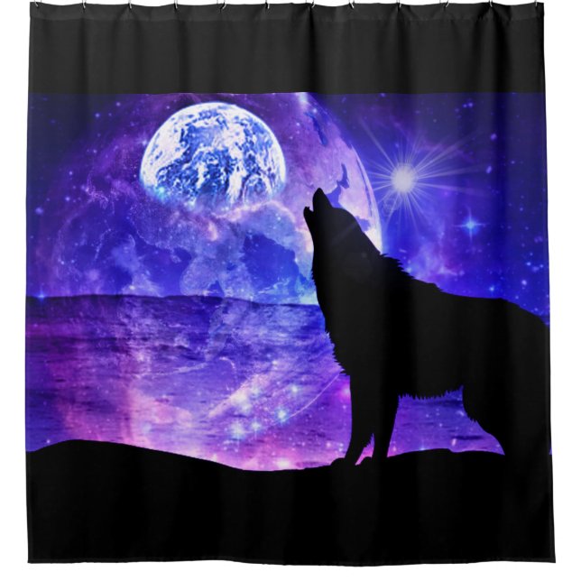 Cosmic Wolf - Moon Shower Curtain Purple and Black (Front)