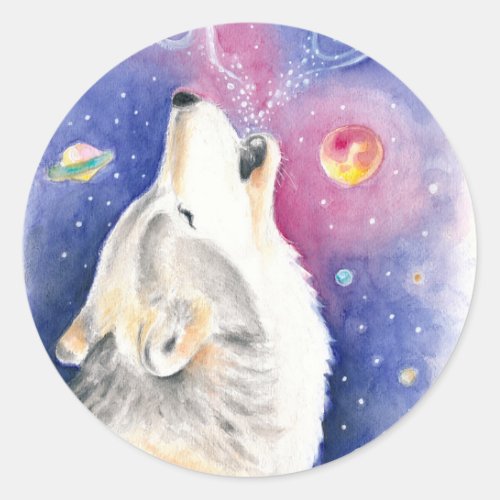 Cosmic Wolf Watercolor Art Classic Round Sticker