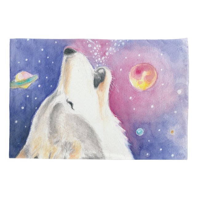 Cosmic Wolf Watercolor Art Pillow Case (Back)