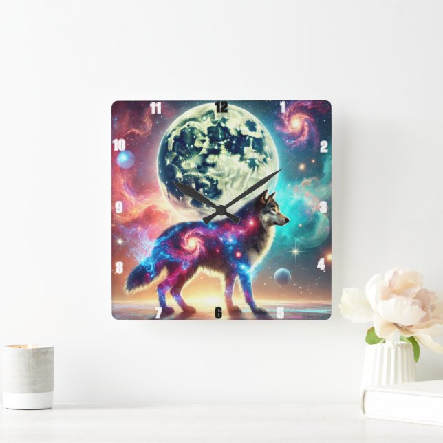 Cosmic Wolf with Galactic Elements and Moon Square Wall Clock (Home)