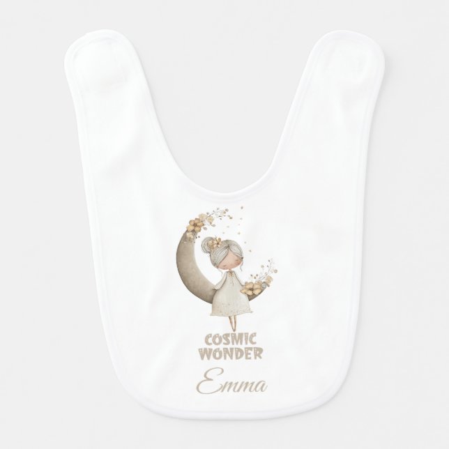 Cosmic Wonder Fairy Moon Personalized Name Baby Bib (Front)