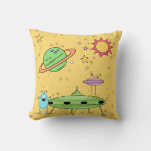 Cosmic World Aliens and UFO Yellow  Throw Pillow