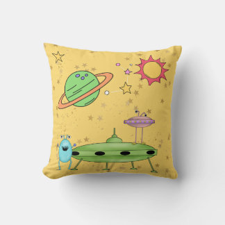 Cosmic World Aliens and UFO Yellow Throw Pillow