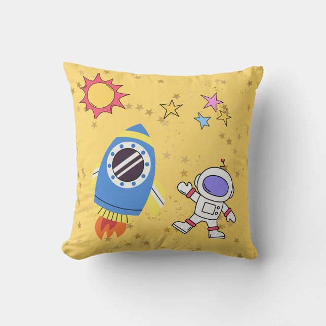Cosmic World Astronaut and Space Rocket Yellow Throw Pillow (Front)