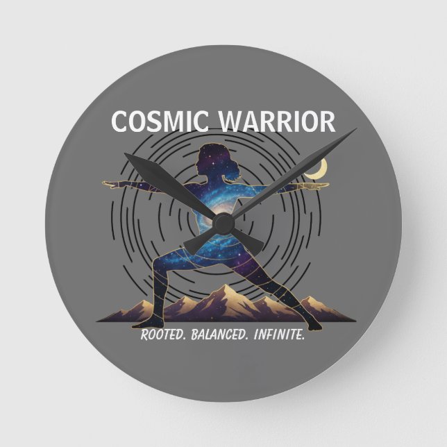 Cosmic Yoga Warrior | Galaxy Body Pose Round Clock (Front)