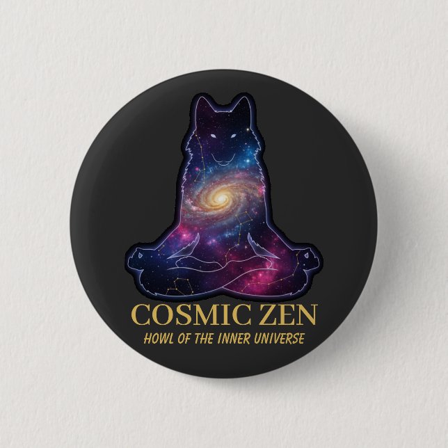 Cosmic Zen Wolf – Meditating Galaxy Spirit Animal  Button (Front)