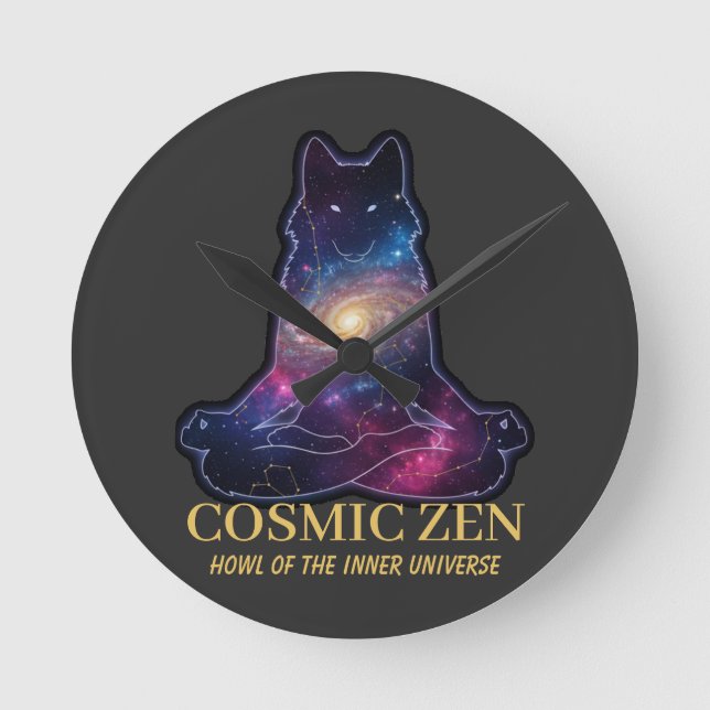 Cosmic Zen Wolf – Meditating Galaxy Spirit Animal  Round Clock (Front)