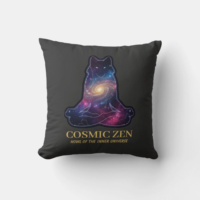 Cosmic Zen Wolf | Meditating Galaxy Spirit Animal  Throw Pillow (Front)