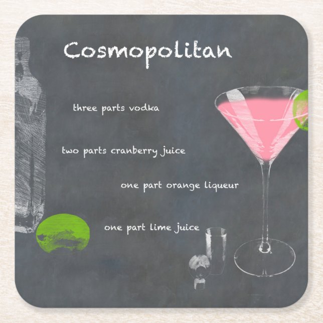 Cosmopolitan Cocktail Recipe Square Paper Coaster (Front)