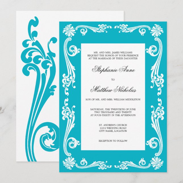 Cosmopolitan Flourish Swirls Wedding Invitation (Front/Back)