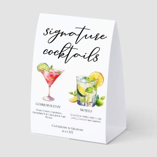 Cosmopolitan Mojito Wedding Cocktails Menu Paper Table Tent (Front)