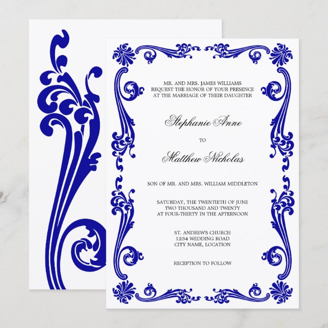 Cosmopolitan Royal Blue Flourish Swirls Wedding Invitation (Front/Back)