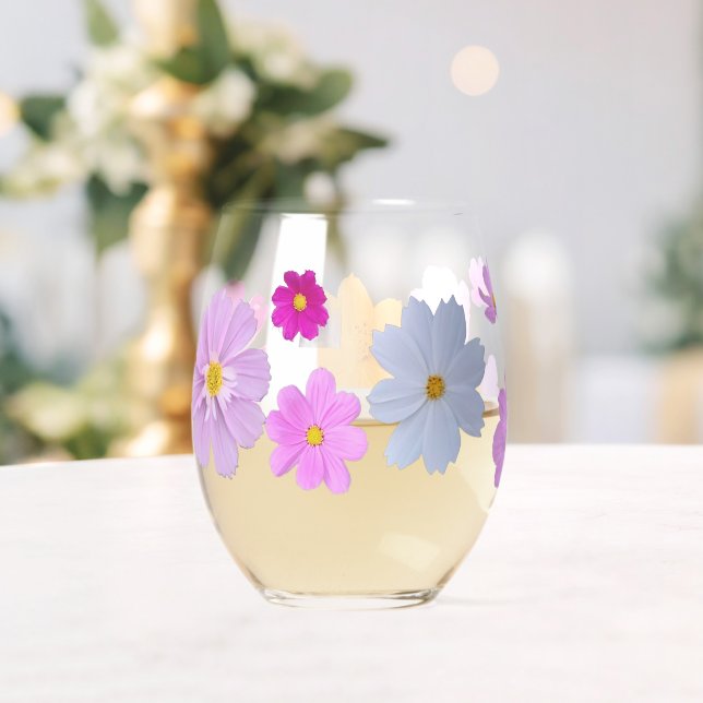 Cosmos Flowers Drinkware Set Stemless Wine Glass (Insitu (Wedding))