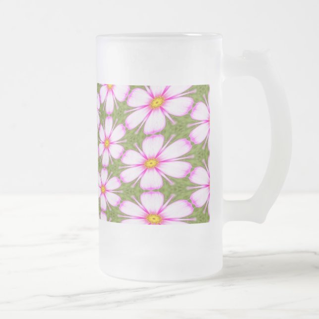 Cosmos Flowers Pattern Frosted Glass Beer Mug (Right)