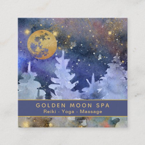  Cosmos _ Gold Moon Glitter Stars Pine Trees Square Business Card