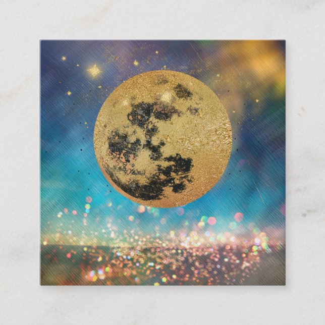 *~* Cosmos Gold Moon Shaman Glitter Stars Square Business Card (Front)