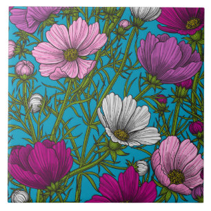 Cosmos mix on blue ceramic tile
