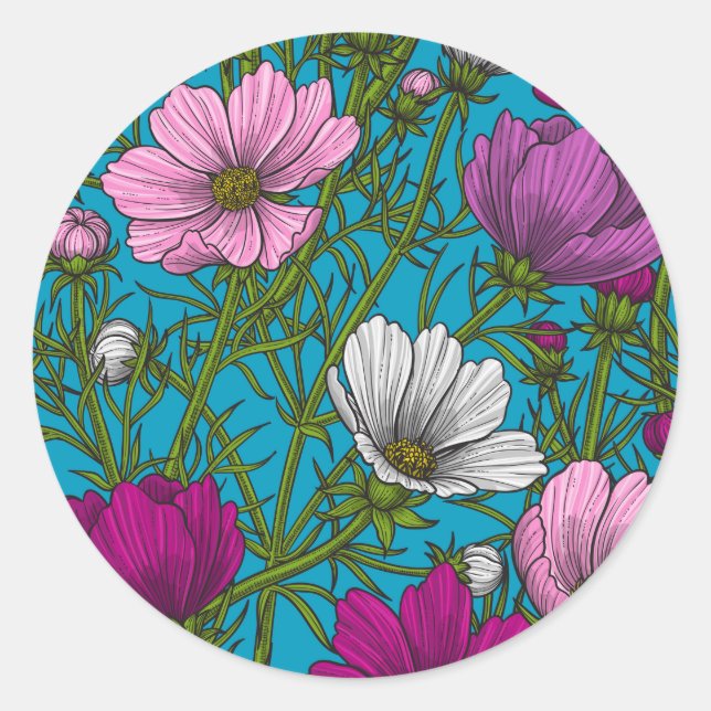 Cosmos mix on blue classic round sticker (Front)