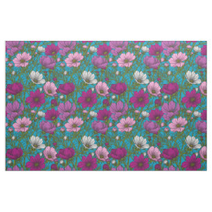 Cosmos mix on blue fabric