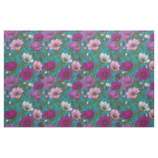 Cosmos mix on blue fabric