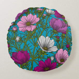 Cosmos mix on blue round pillow