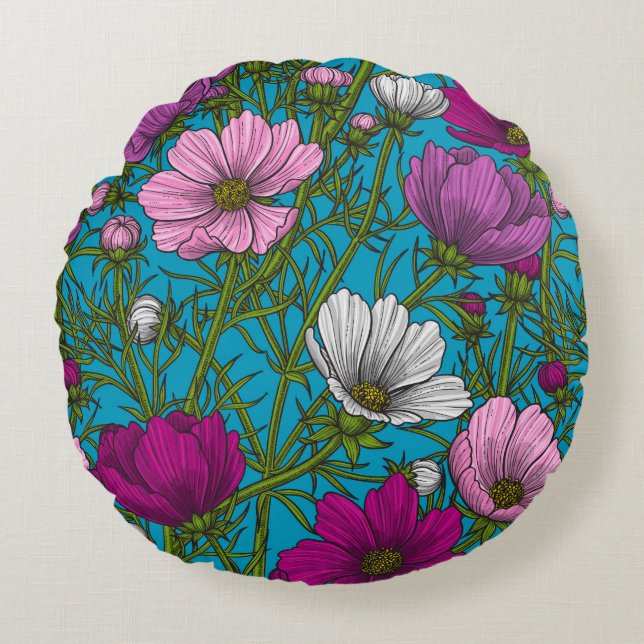 Cosmos mix on blue round pillow (Front)