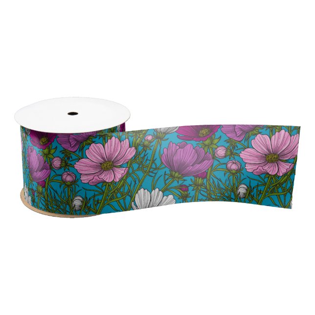 Cosmos mix on blue satin ribbon (Spool)