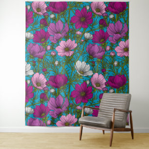 Cosmos mix on blue tapestry