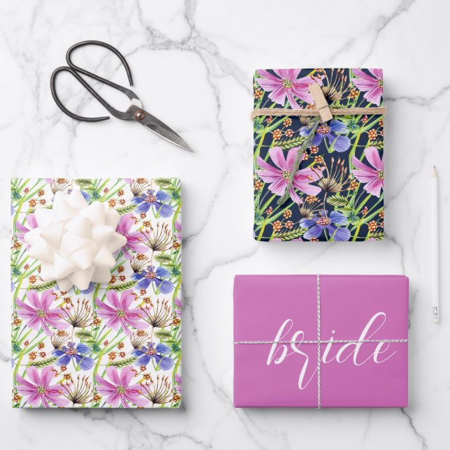 Cosmos Pink and Blue Bridal Wedding  Wrapping Paper Sheets (Front)