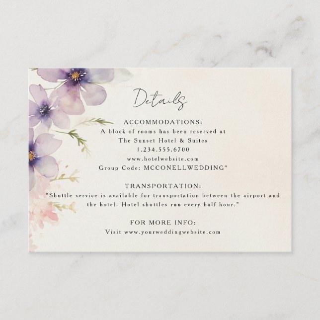 Cosmos watercolor floral wedding details card (Front)