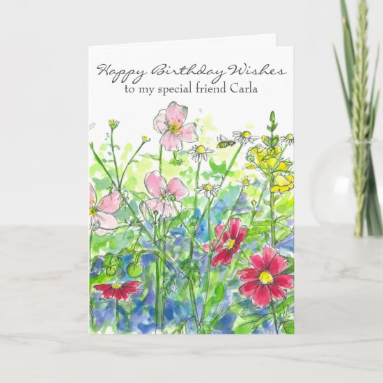 Cosmos Watercolor Flower Happy Birthday Friend Card