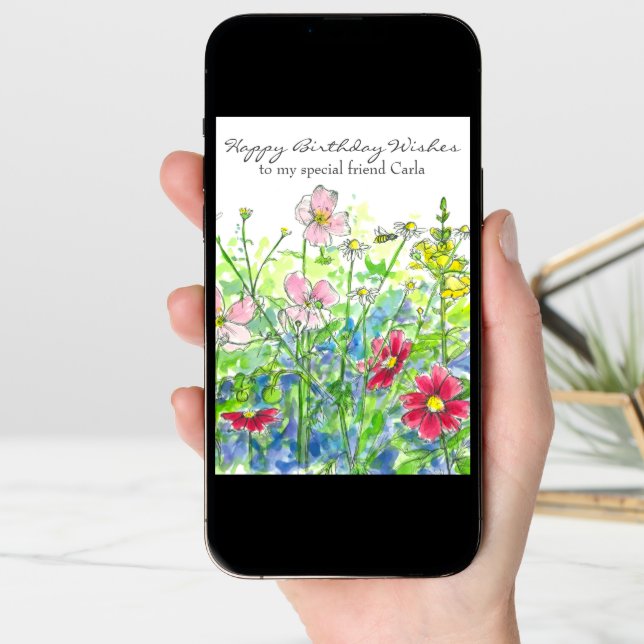 Cosmos Watercolor Flower Happy Birthday Friend Card (Front Digital)