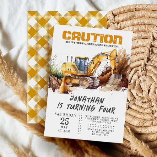 Cosntruction Theme Digger Modern Kids Birthday Invitation