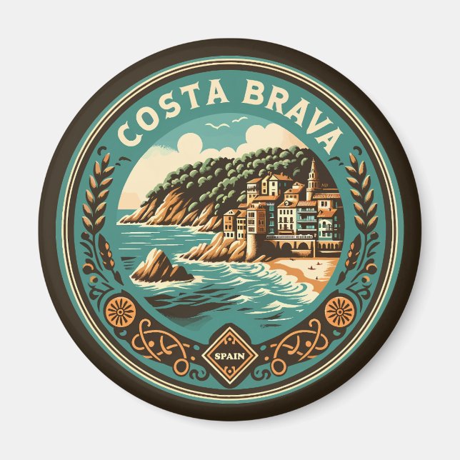 Costa Brava Spain Travel Art Badge Magnet (Front)