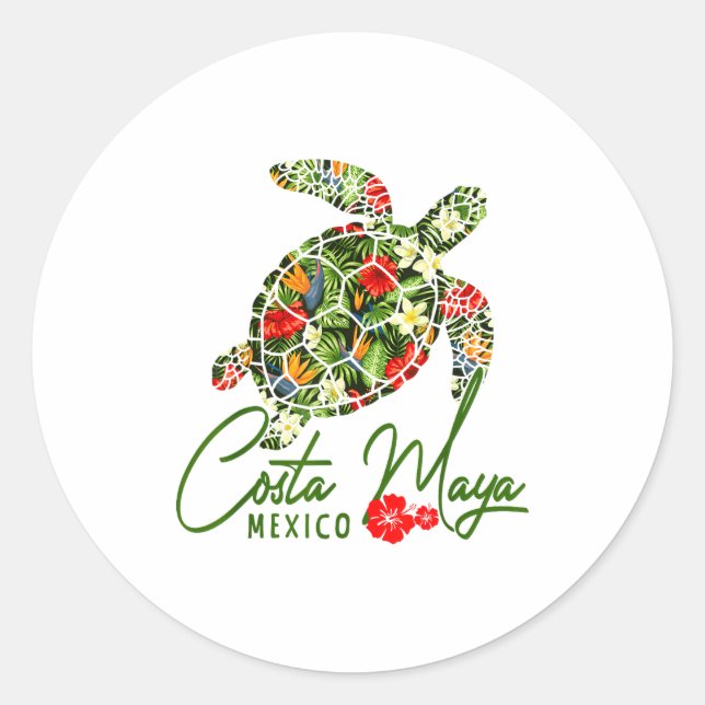 Costa Maya Mexico Sea Turtle Trocal Hibiscus Vacat Classic Round Sticker (Front)