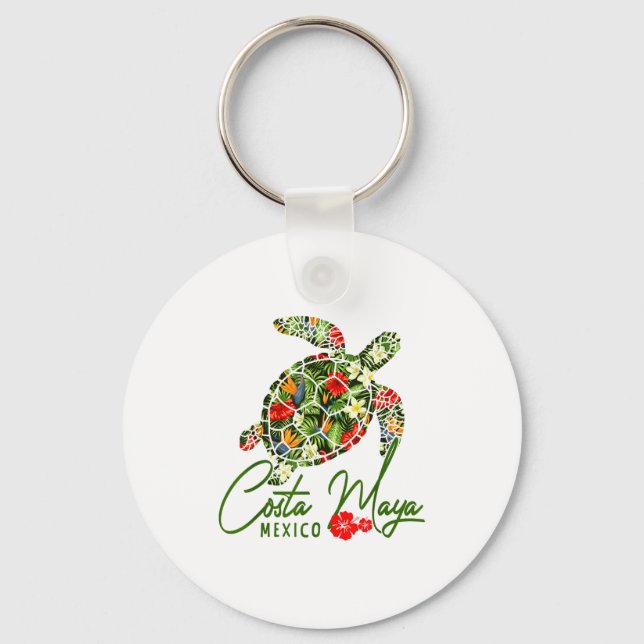 Costa Maya Mexico Sea Turtle Trocal Hibiscus Vacat Keychain (Front)