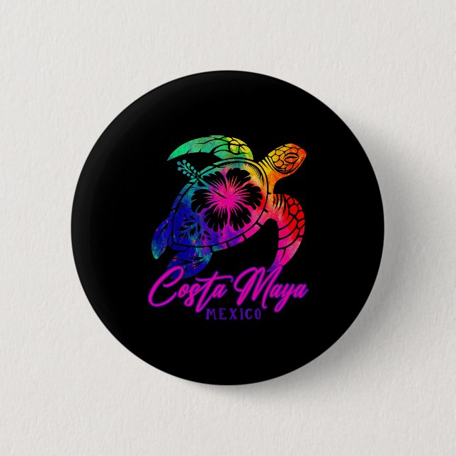 Costa Maya Mexico Tie Dye Sea Turtle Hibiscus Beac Button (Front)