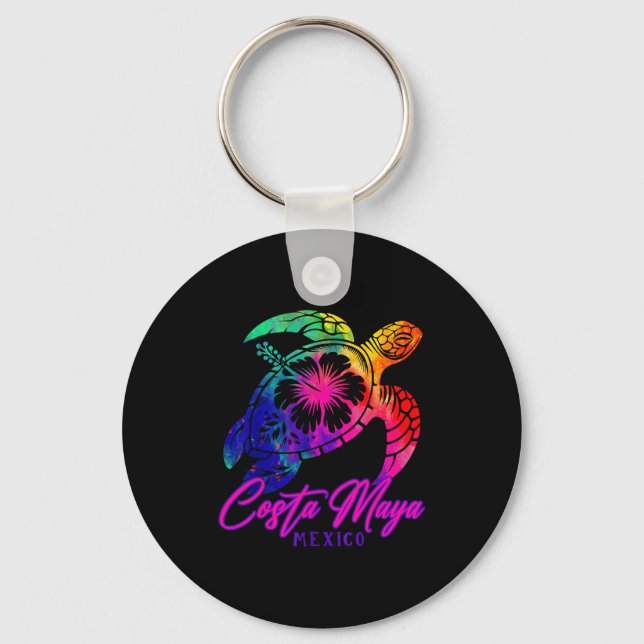 Costa Maya Mexico Tie Dye Sea Turtle Hibiscus Beac Keychain (Front)