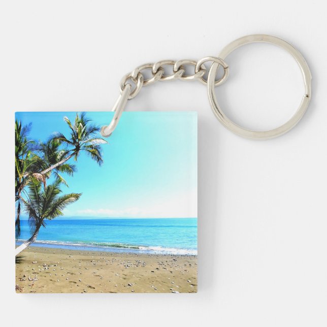 Costa Rica, beach with palm tree Keychain (Back)