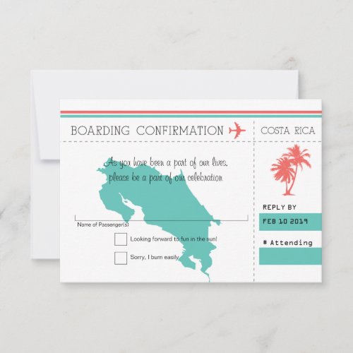 Costa Rica Boarding Pass RSVP Coral and Mint