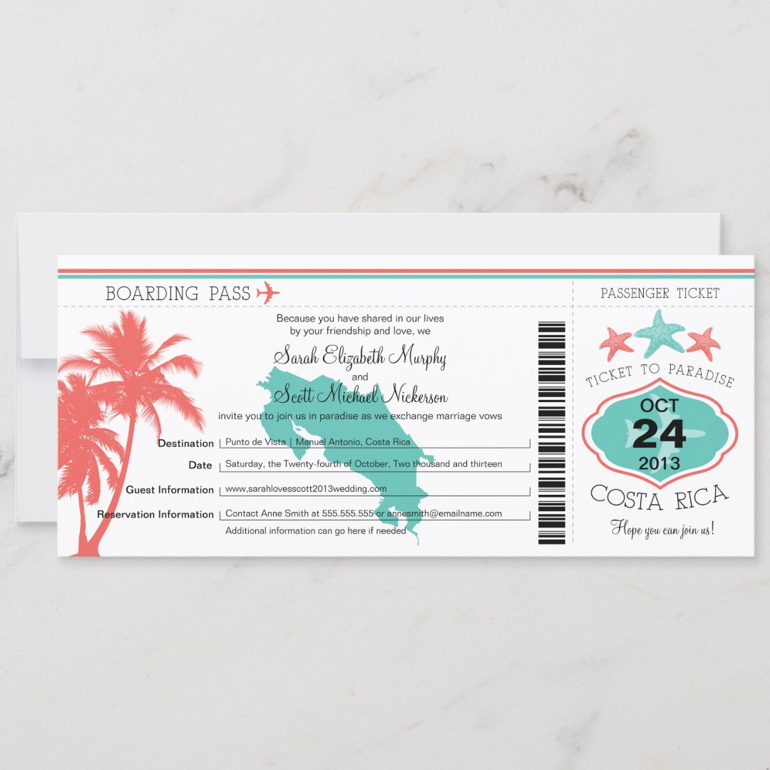 Costa Rica Boarding Pass Wedding Invitation | Zazzle