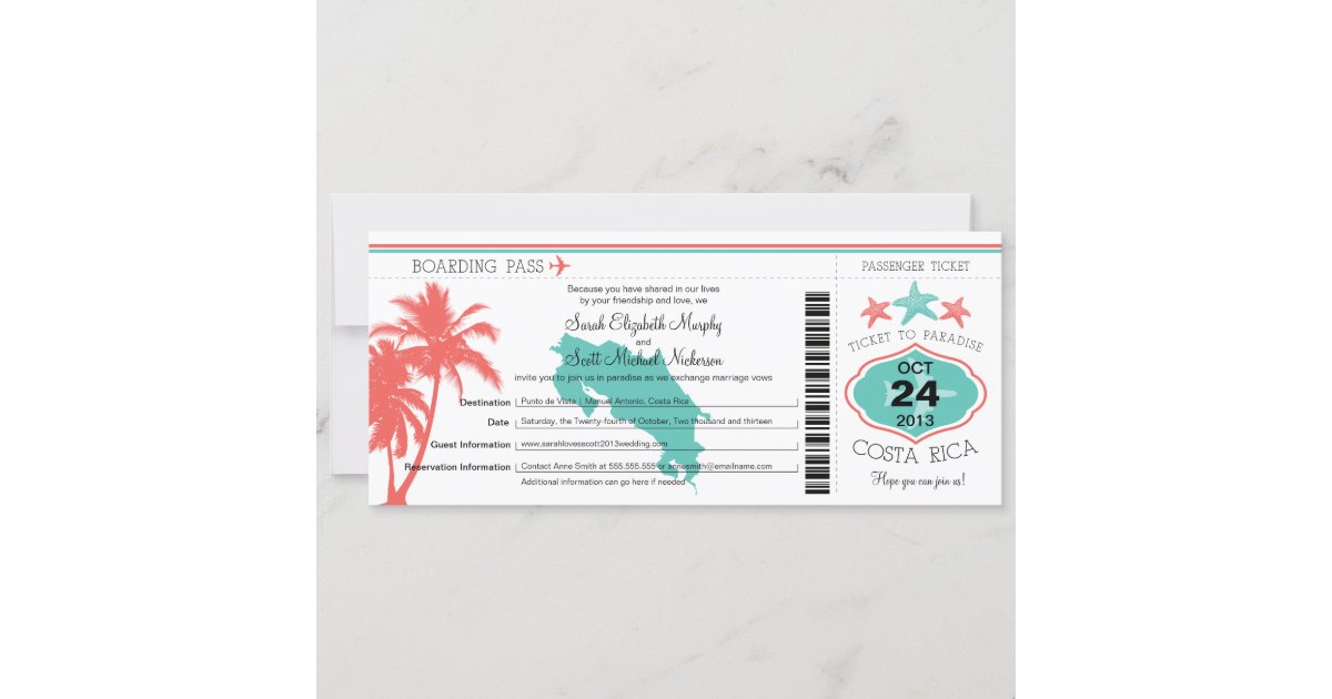 Costa Rica Boarding Pass Wedding Invitation | Zazzle