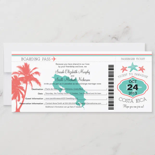 Costa Rica Boarding Pass Wedding Invitation | Zazzle