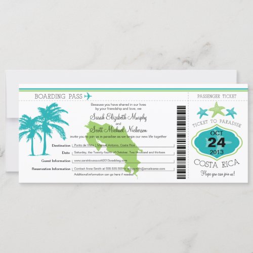 Costa Rica Boarding Pass Wedding Invitation