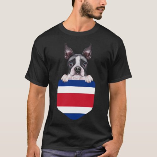 Costa Rica Flag Boston Terrier Dog In Pocket T_Shirt
