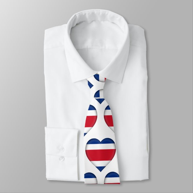 Costa Rica Flag Colors Heart Pattern Neck Tie (Tied)