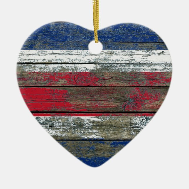 Costa Rica Flag on Rough Wood Boards Effect Ceramic Ornament (Front)